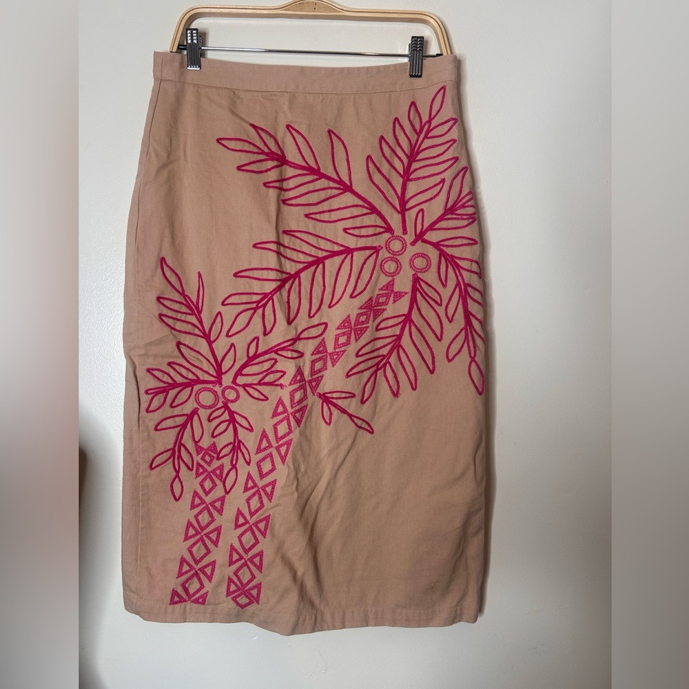 Anthropologie Maeve Embroidered Tropical Midi Canvas Skirt